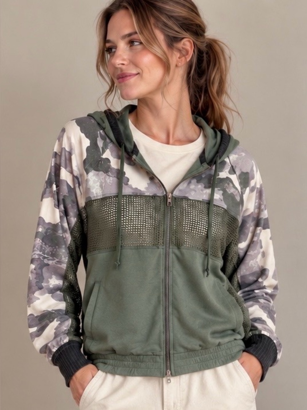 NWT - Mystree Multi-Textured Hoodie Zip Up Jacket in Olive & Gray Camo